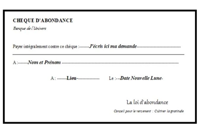 Chèque d'abondance = réalisation de ses demandes = Nouvelle Lune